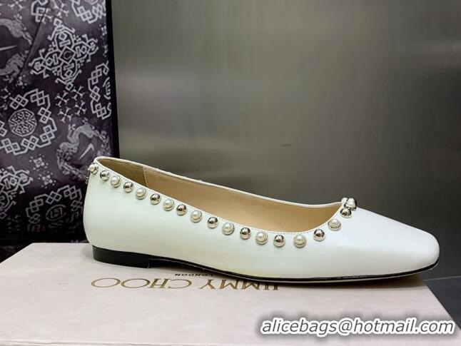 Trendy Design Jimmy Choo Nappa Leather Ballerinas with Pearls White 090938