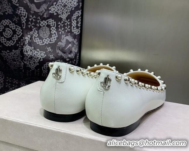 Trendy Design Jimmy Choo Nappa Leather Ballerinas with Pearls White 090938