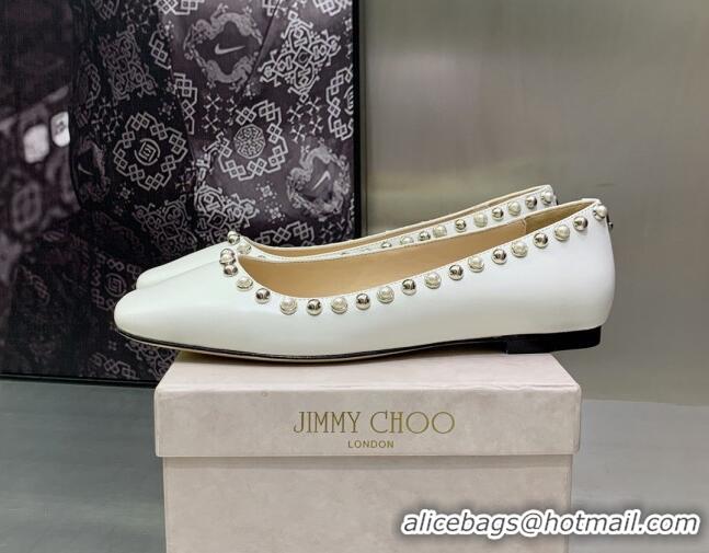 Trendy Design Jimmy Choo Nappa Leather Ballerinas with Pearls White 090938