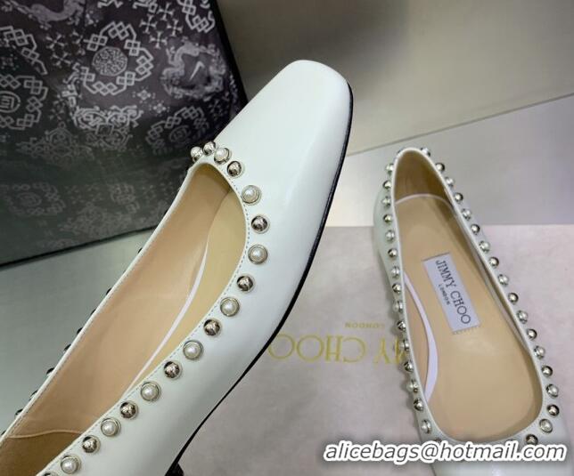 Trendy Design Jimmy Choo Nappa Leather Ballerinas with Pearls White 090938