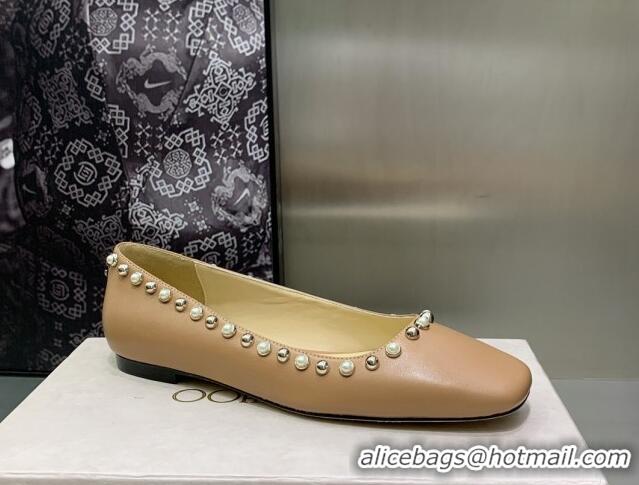 Stylish Jimmy Choo Nappa Leather Ballerinas with Pearls Beige 090939