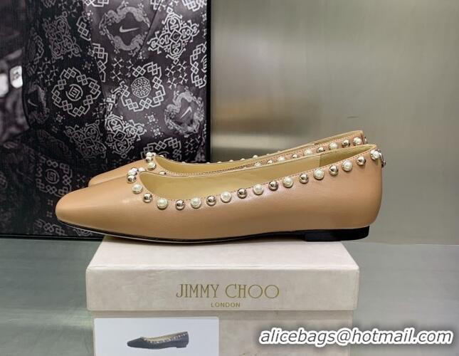 Stylish Jimmy Choo Nappa Leather Ballerinas with Pearls Beige 090939