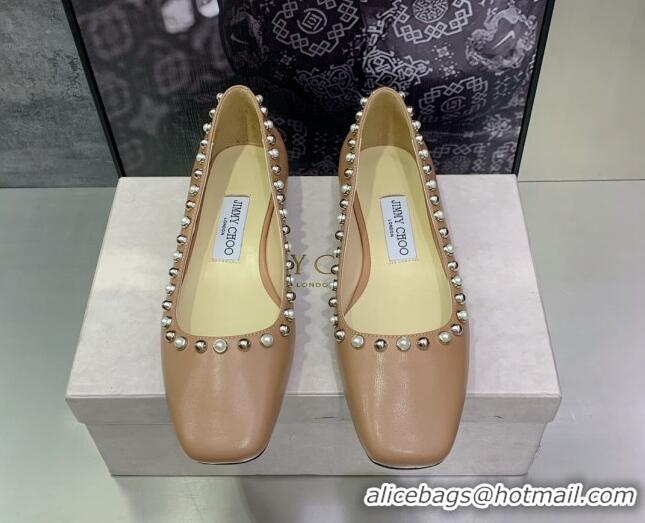 Stylish Jimmy Choo Nappa Leather Ballerinas with Pearls Beige 090939