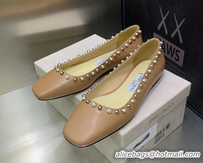 Stylish Jimmy Choo Nappa Leather Ballerinas with Pearls Beige 090939