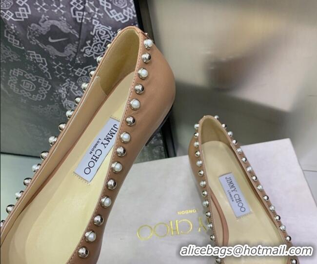 Stylish Jimmy Choo Nappa Leather Ballerinas with Pearls Beige 090939