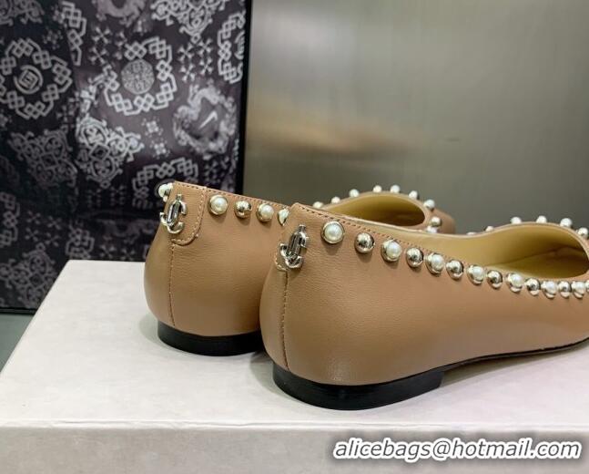 Stylish Jimmy Choo Nappa Leather Ballerinas with Pearls Beige 090939