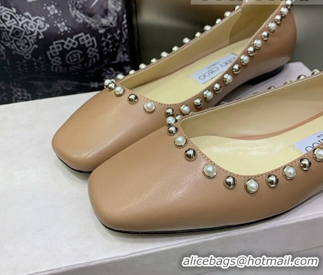 Stylish Jimmy Choo Nappa Leather Ballerinas with Pearls Beige 090939