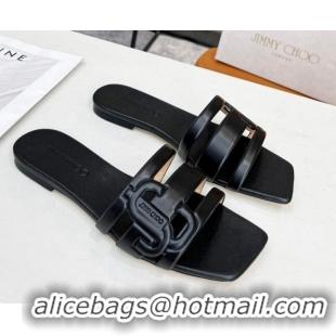 Sumptuous Jimmy Choo Laran Nappa Leather Flat Slide Sandals with JC Monogram Balck 090940