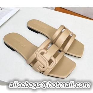 Good Quality Jimmy Choo Laran Nappa Leather Flat Slide Sandals with JC Monogram Beige 090941