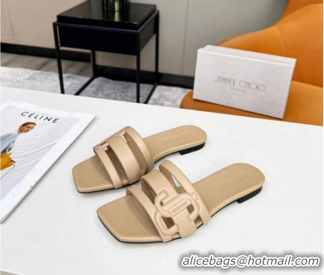 Good Quality Jimmy Choo Laran Nappa Leather Flat Slide Sandals with JC Monogram Beige 090941