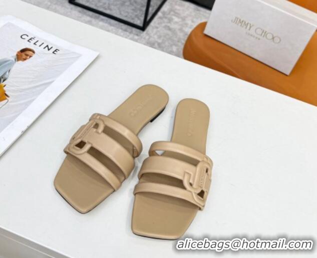 Good Quality Jimmy Choo Laran Nappa Leather Flat Slide Sandals with JC Monogram Beige 090941