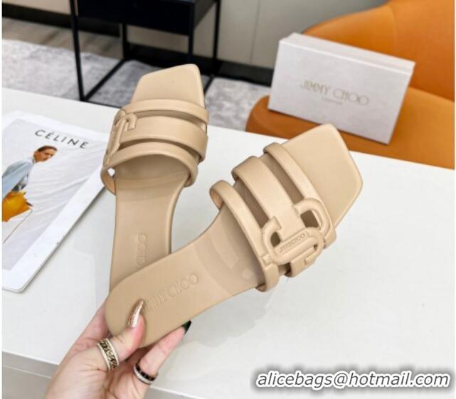 Good Quality Jimmy Choo Laran Nappa Leather Flat Slide Sandals with JC Monogram Beige 090941