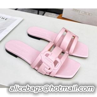 Pretty Style Jimmy Choo Laran Nappa Leather Flat Slide Sandals with JC Monogram Light Pink 090942