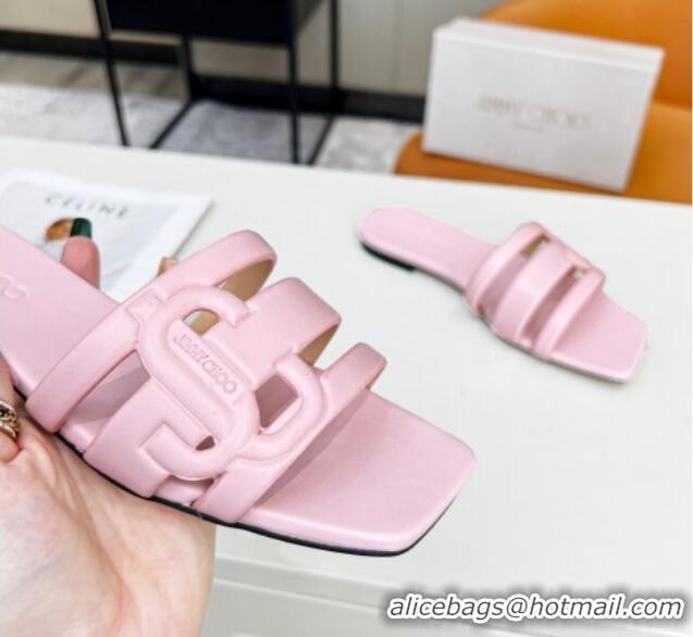 Pretty Style Jimmy Choo Laran Nappa Leather Flat Slide Sandals with JC Monogram Light Pink 090942