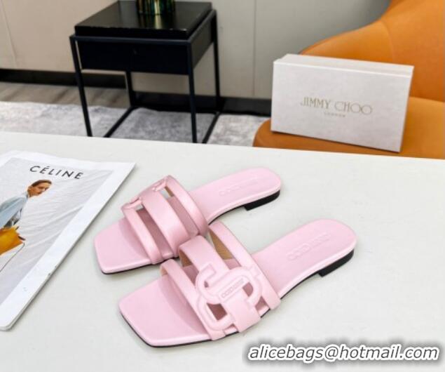 Pretty Style Jimmy Choo Laran Nappa Leather Flat Slide Sandals with JC Monogram Light Pink 090942