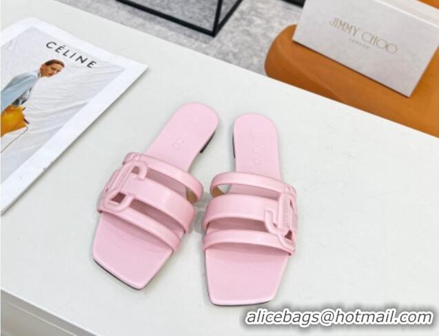 Pretty Style Jimmy Choo Laran Nappa Leather Flat Slide Sandals with JC Monogram Light Pink 090942