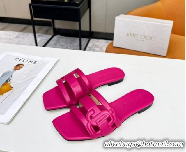 Luxury Jimmy Choo Laran Nappa Leather Flat Slide Sandals with JC Monogram Fuchsia Pink 090943