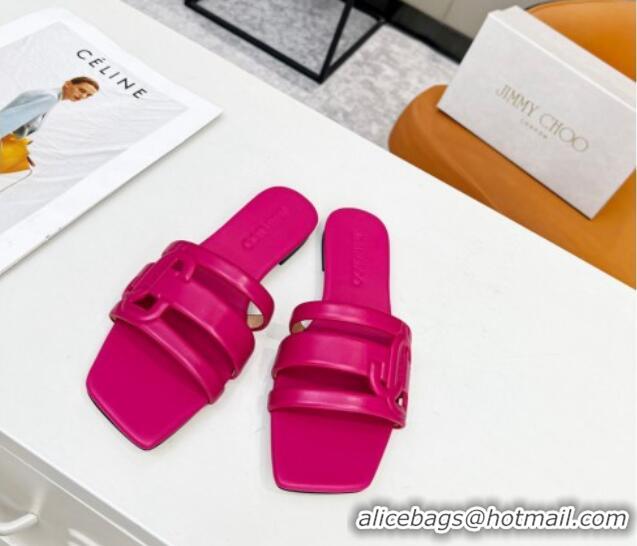 Luxury Jimmy Choo Laran Nappa Leather Flat Slide Sandals with JC Monogram Fuchsia Pink 090943