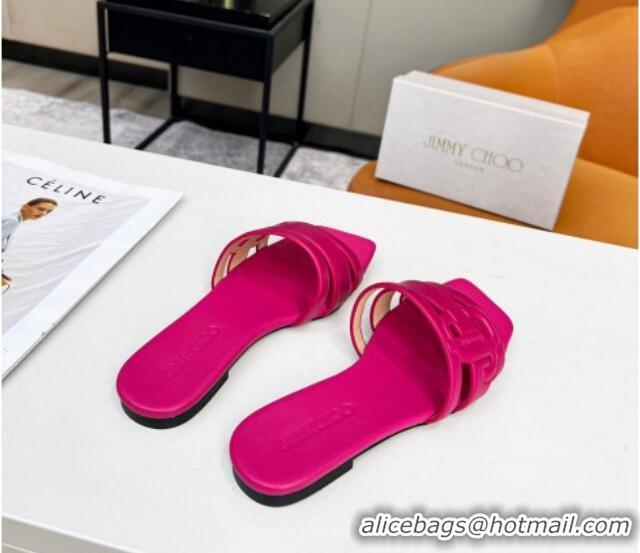 Luxury Jimmy Choo Laran Nappa Leather Flat Slide Sandals with JC Monogram Fuchsia Pink 090943