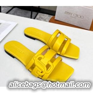 Grade Quality Jimmy Choo Laran Nappa Leather Flat Slide Sandals with JC Monogram Yellow 090944