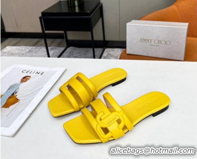 Grade Quality Jimmy Choo Laran Nappa Leather Flat Slide Sandals with JC Monogram Yellow 090944