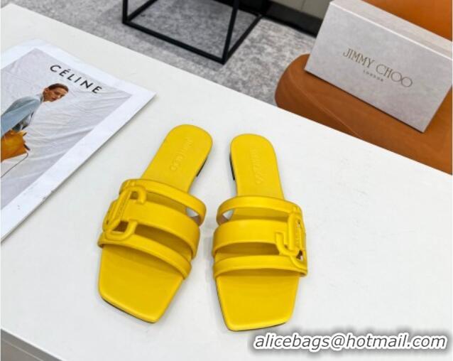 Grade Quality Jimmy Choo Laran Nappa Leather Flat Slide Sandals with JC Monogram Yellow 090944