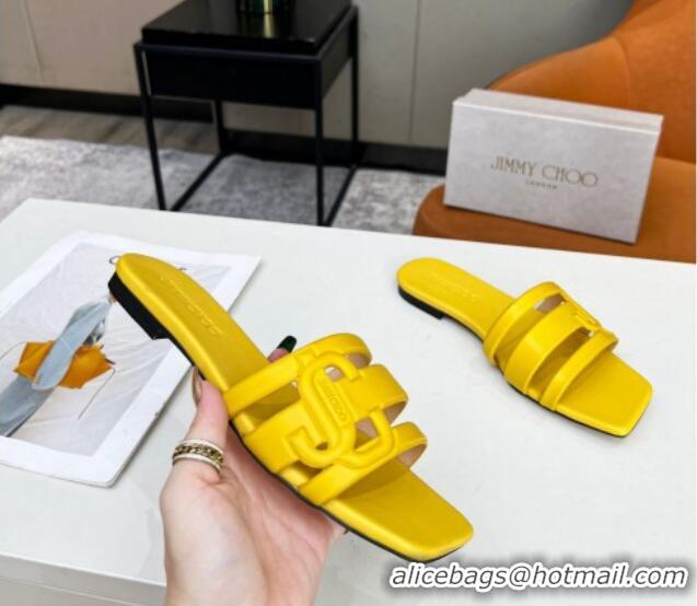 Grade Quality Jimmy Choo Laran Nappa Leather Flat Slide Sandals with JC Monogram Yellow 090944