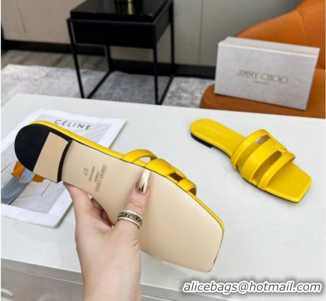 Grade Quality Jimmy Choo Laran Nappa Leather Flat Slide Sandals with JC Monogram Yellow 090944