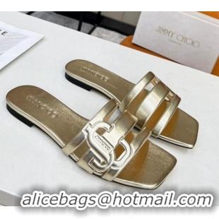 Best Grade Jimmy Choo Laran Nappa Leather Flat Slide Sandals with JC Monogram Gold 090945