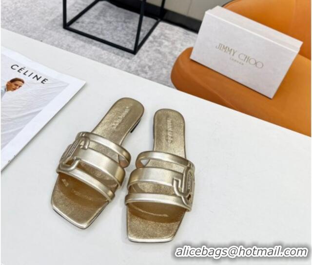 Best Grade Jimmy Choo Laran Nappa Leather Flat Slide Sandals with JC Monogram Gold 090945