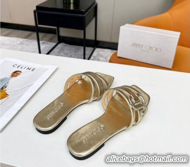 Best Grade Jimmy Choo Laran Nappa Leather Flat Slide Sandals with JC Monogram Gold 090945