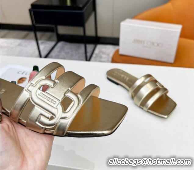 Best Grade Jimmy Choo Laran Nappa Leather Flat Slide Sandals with JC Monogram Gold 090945