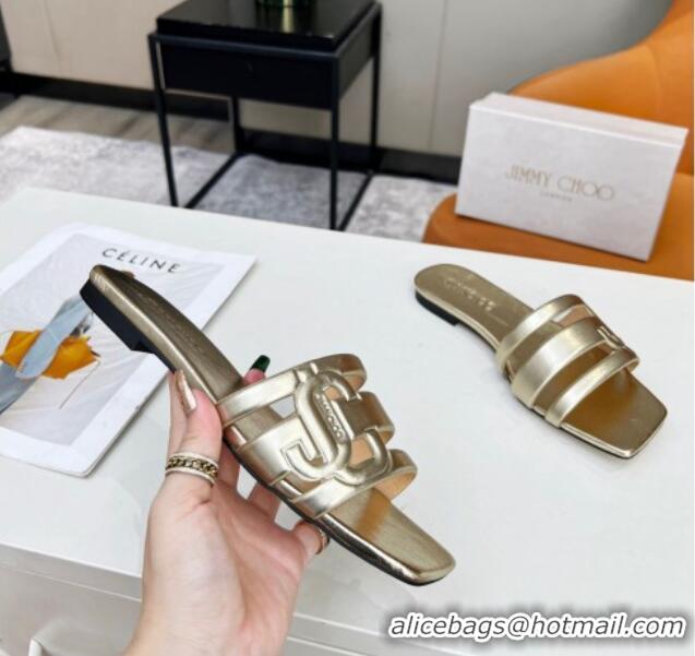 Best Grade Jimmy Choo Laran Nappa Leather Flat Slide Sandals with JC Monogram Gold 090945