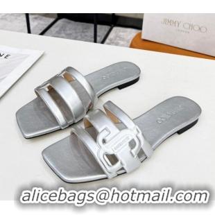 Top Grade Jimmy Choo Laran Nappa Leather Flat Slide Sandals with JC Monogram Silver 2090946