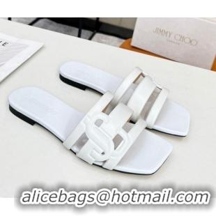 Low Price Jimmy Choo Laran Nappa Leather Flat Slide Sandals with JC Monogram White 090947