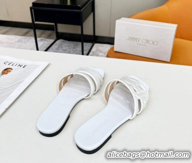 Low Price Jimmy Choo Laran Nappa Leather Flat Slide Sandals with JC Monogram White 090947