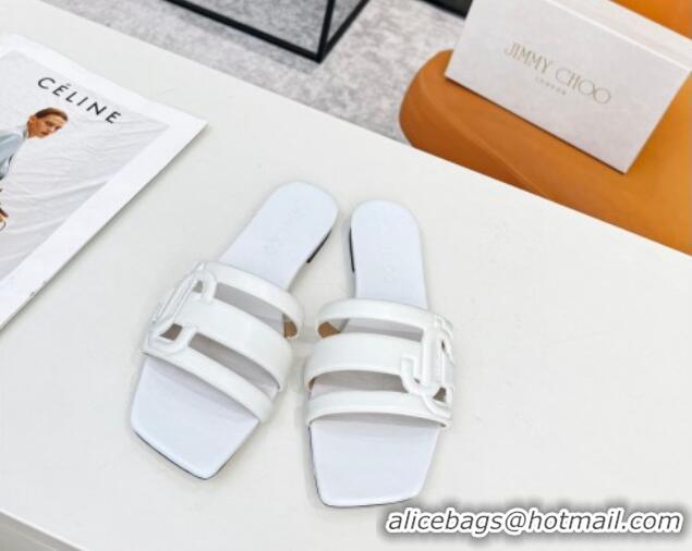 Low Price Jimmy Choo Laran Nappa Leather Flat Slide Sandals with JC Monogram White 090947