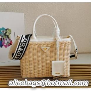 Good Quality Prada Raffia tote bag 1BG835 white