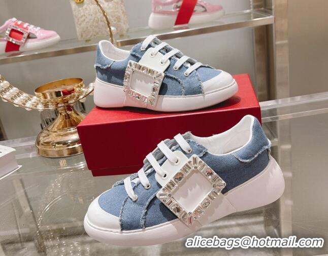 Popular Style Roger Vivier Denim Sneakers with Square Buckle Blue 072221