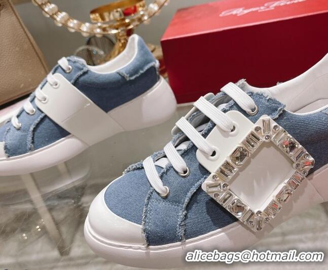 Popular Style Roger Vivier Denim Sneakers with Square Buckle Blue 072221