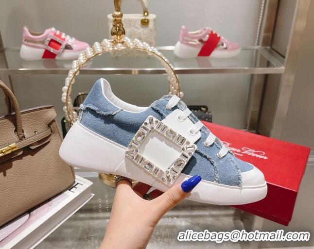 Popular Style Roger Vivier Denim Sneakers with Square Buckle Blue 072221