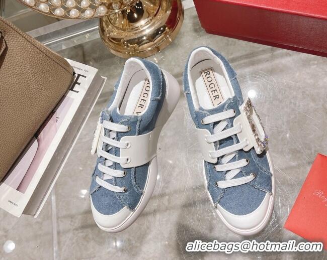 Popular Style Roger Vivier Denim Sneakers with Square Buckle Blue 072221