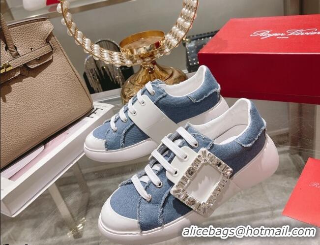 Popular Style Roger Vivier Denim Sneakers with Square Buckle Blue 072221