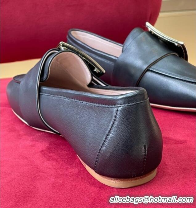 Stylish Roger Vivier Lambskin Loafers with Square Buckle Black 081339