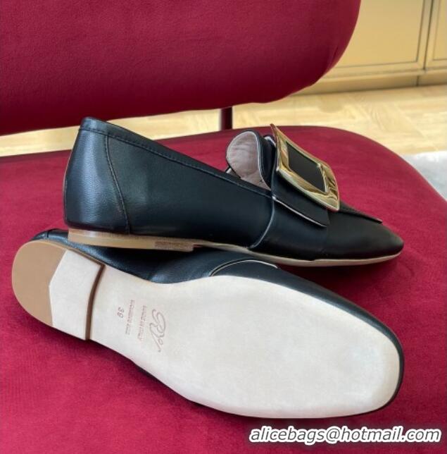 Stylish Roger Vivier Lambskin Loafers with Square Buckle Black 081339