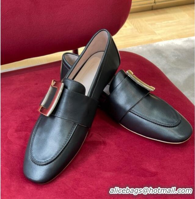 Stylish Roger Vivier Lambskin Loafers with Square Buckle Black 081339