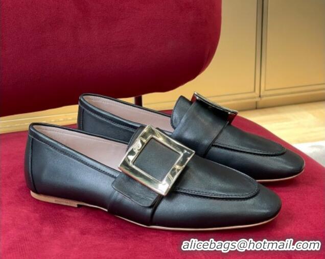 Stylish Roger Vivier Lambskin Loafers with Square Buckle Black 081339