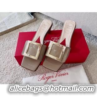 Grade Quality Roger Vivier Love Metal Buckle Slide Sandals 4.5cm in Patent Leather Grey 082698