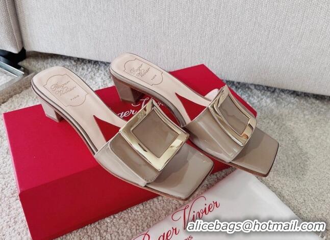 Grade Quality Roger Vivier Love Metal Buckle Slide Sandals 4.5cm in Patent Leather Grey 082698