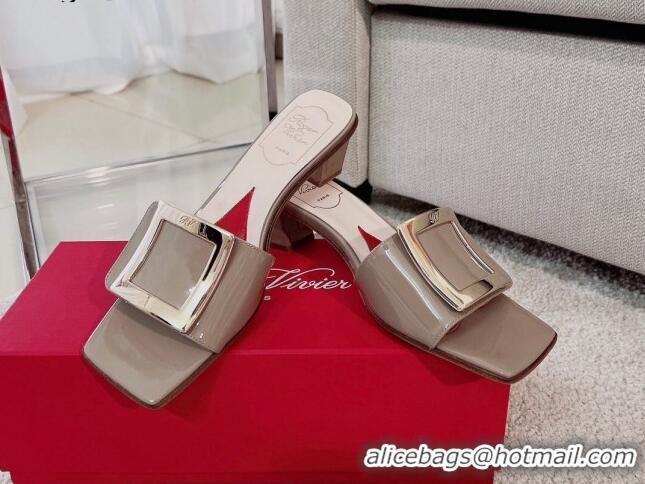 Grade Quality Roger Vivier Love Metal Buckle Slide Sandals 4.5cm in Patent Leather Grey 082698